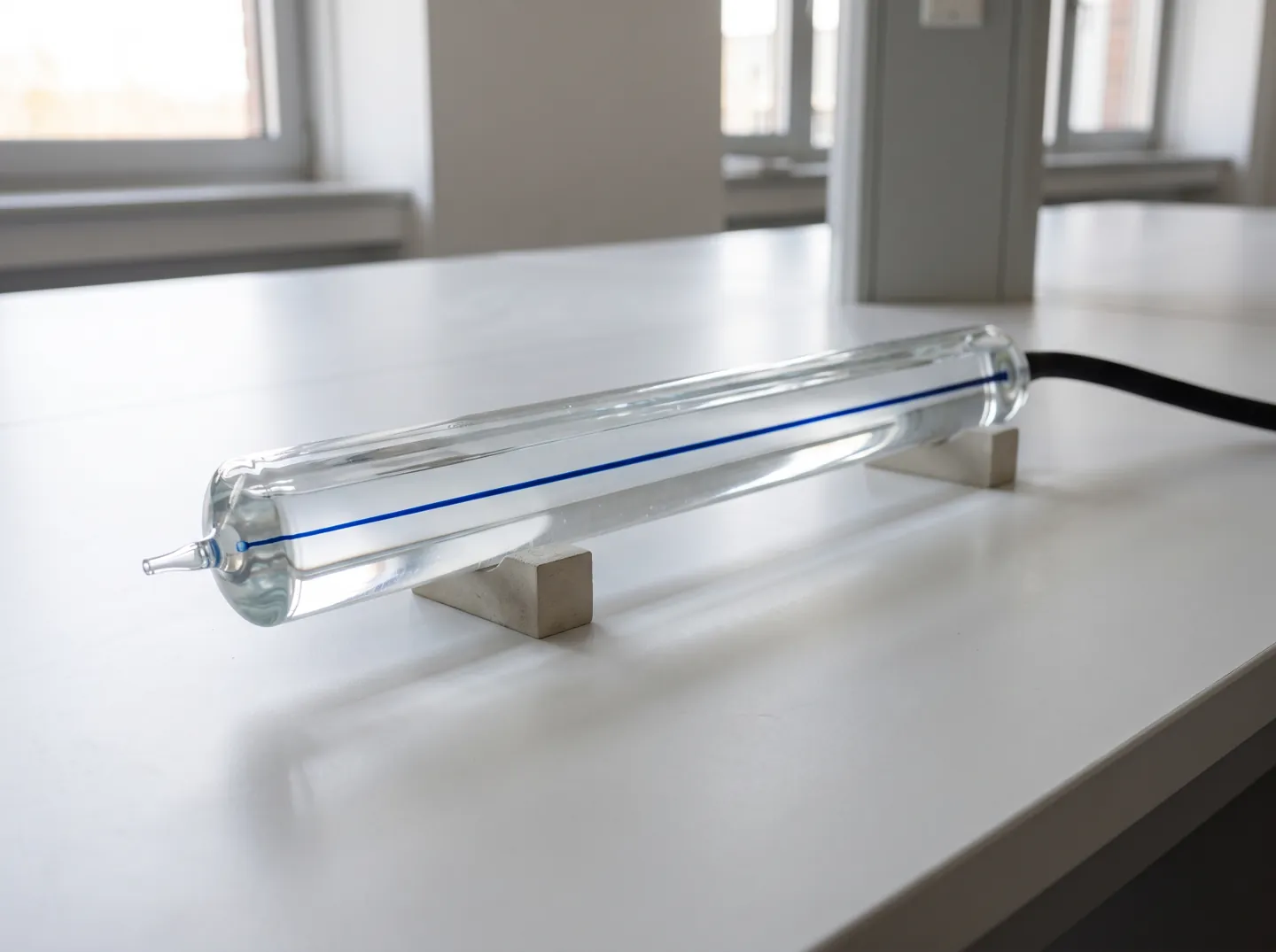A long glass tube of clear water on a laboratory bench with a thin thread of blue dye running straight along its centre