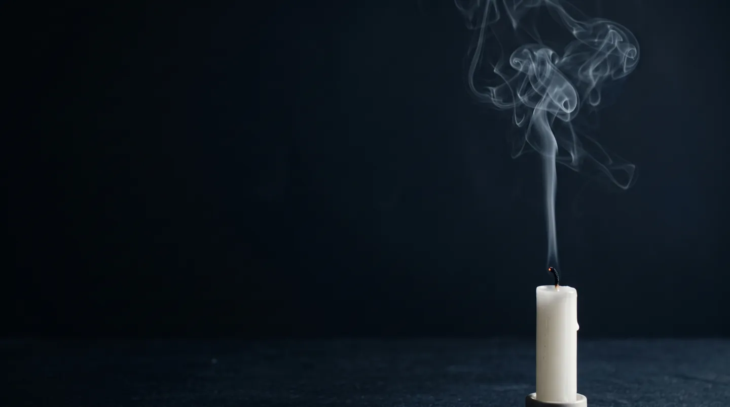 A thin ribbon of smoke rising from a snuffed candle against a dark background, smooth at first and then curling into swirls